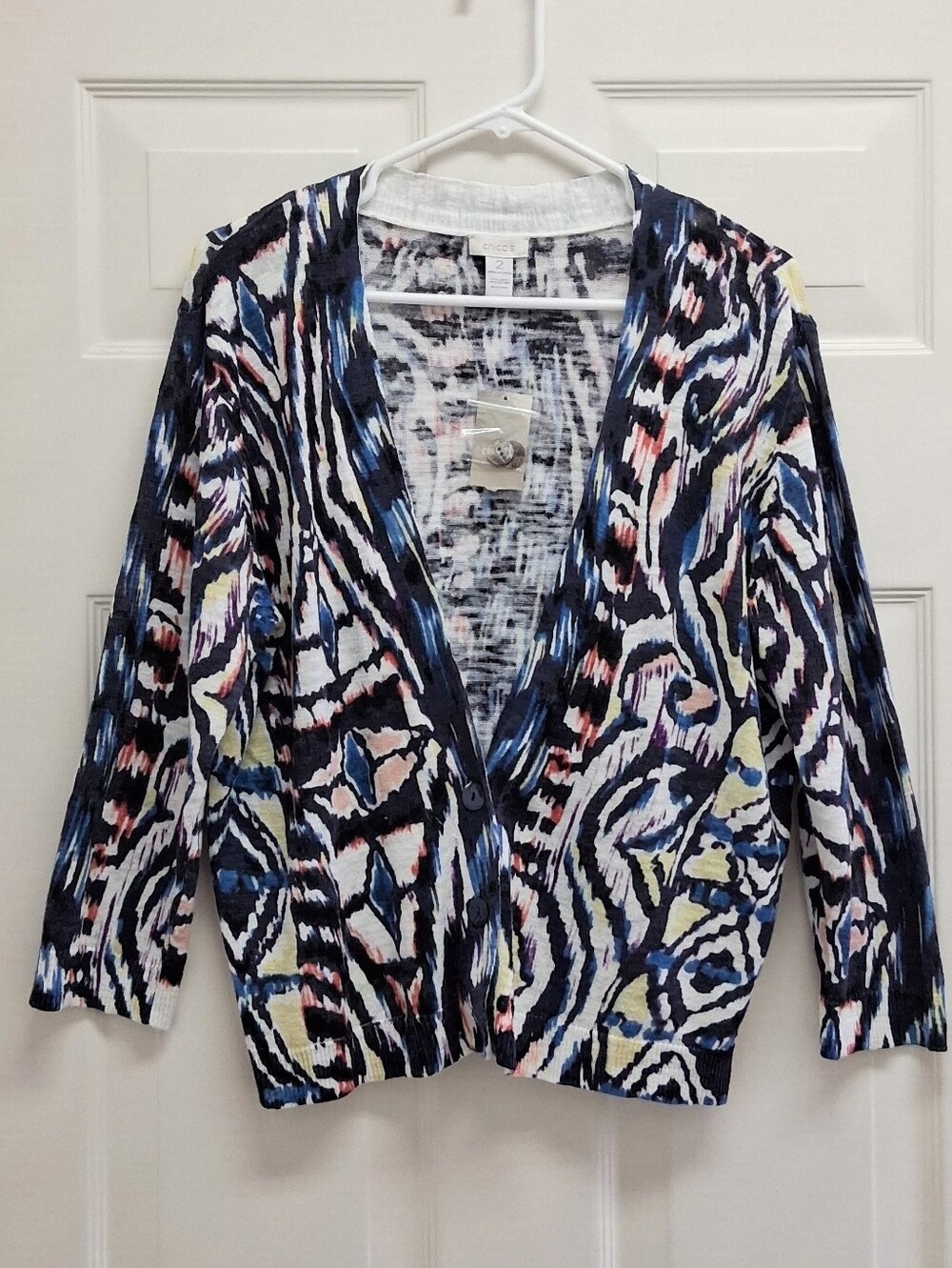 Chico's Linen Blend Button Front Cardigan Sweater Size 2 Ikat Y2K Art to Wear